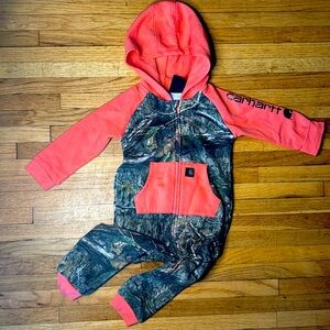 Carhartt Girls 18M Warm One-Piece Bodysuit - Pink Camo, Zip-Up Front